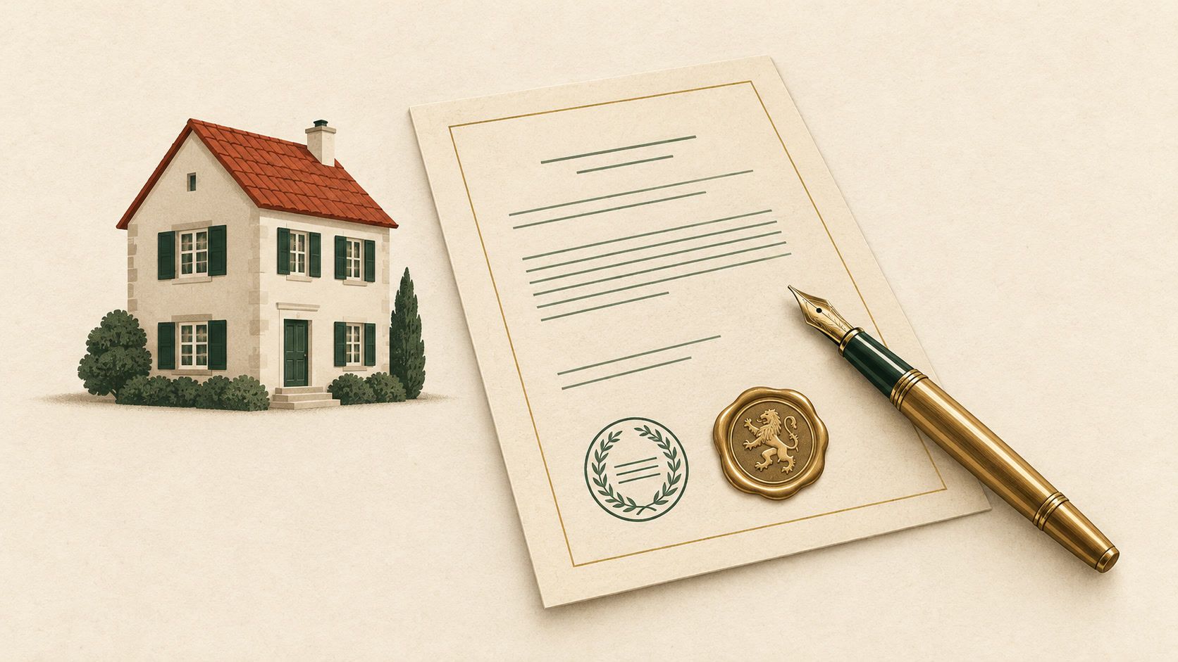 Haus, notarielle Urkunde mit Siegel und Füllfederhalter als Symbole für den Immobilienkauf in Bulgarien