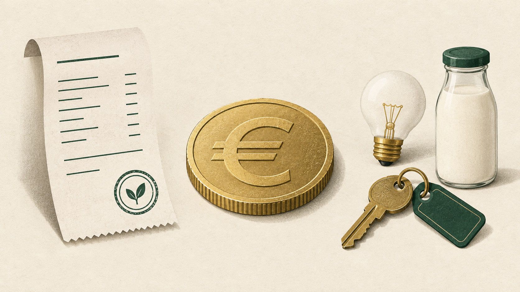 Kassenbon, Euro-Münze, Glühbirne, Milchflasche und Wohnungsschlüssel als Symbole für die Lebenshaltungskosten in Bulgarien